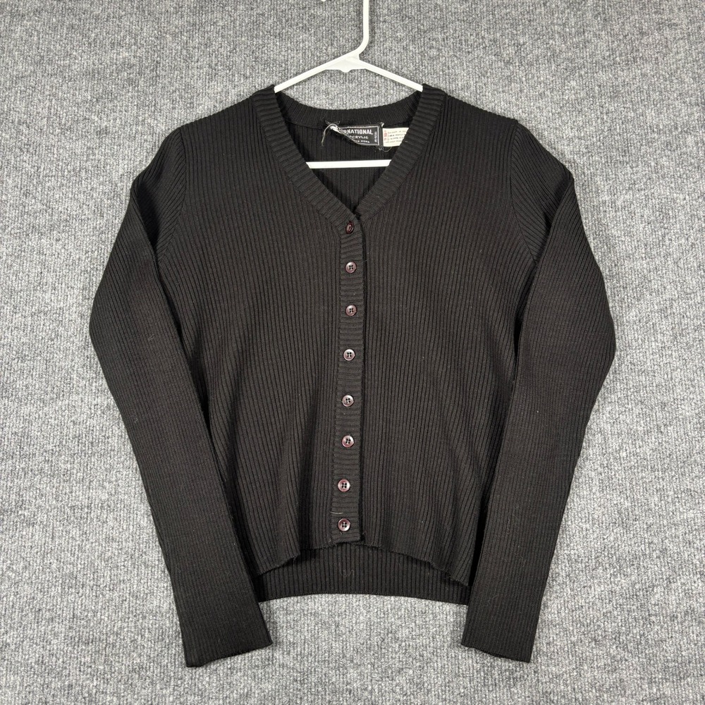 Vintage International Cardigan Womens 9/10 Black Ribbed Knit V-Neck Button Up